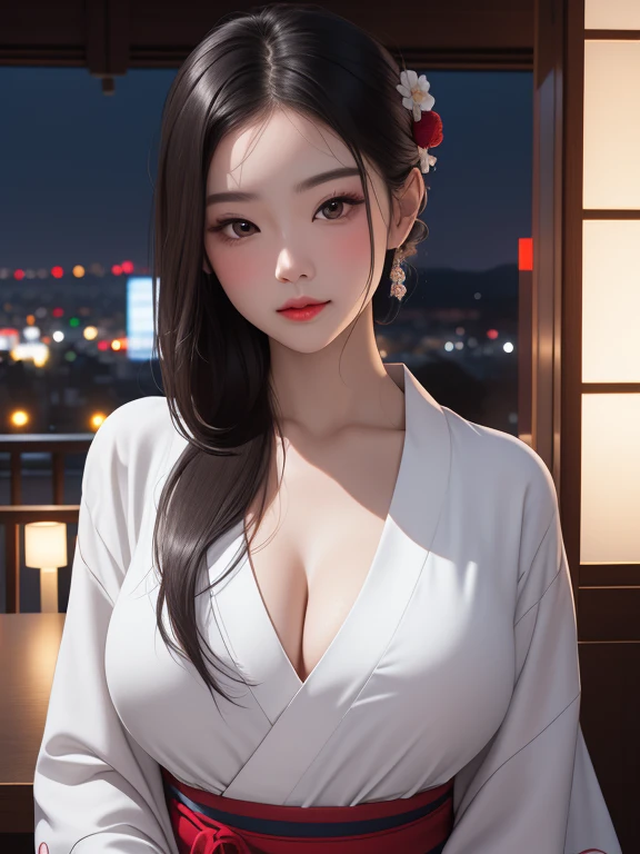 (night:1.7), Japan, Tokyo, city View, in front of the window,
Looking at the audience, (Attractive appearance:1.2), Happy, 笑Face,
(White_kimono:1.3),cleveage,
Black_hair, length_hair, hair_pull_return,separate_Lips,purple_Eye, Weaving,
1 girl, 24 years old,Mature woman,beautiful Finger,beautiful length legs,beautiful body,beautiful Nose,beautiful character design, perfect Eye, perfect Face, Perfect fingers, Perfect hands, 完璧なChest, Perfect body,
Looking at the audience, In the center of the image,
Not suitable for working hours,Official Art,Very detailed的身体, exteremly detailed Face, extremely detailed hair, extremely detailed Eye, wallpaper, Perfect lighting,colorful, bright_front_Face_Light Up,
(masterpiece:1.0),(Highest_quaLight Upy:1.0), 超high resolution,4K,Very detailed,
photo, 8K, Human Development Report, high resolution, Disorganized:1.2, Kodak Portrait 400, Film Grain, blurry returnground, Bokeh:1.2, lens flare, (Lively_color:1.2)
(beautiful,Large target_Chest:1.4), (beautiful_Face:1.5),(narrow_waist),(((Full and soft breasts,)))(((巨Large target乳房))) (((Cleavage))) (Perfect curvy figure)