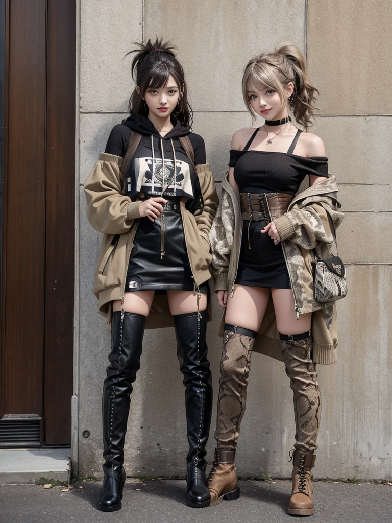 (Full Body View:1.2)、(Smiling with teeth showing:1.3),(Shibuya Gal:1.5)、(Beautiful:1.5)、(Neo-goth fashion:1.5)、(Punk RockVisual Kei:1.5)、(An off-the-shoulder hoodie in khaki and brown with delicate silver accessories.:1.5)、(A corset with a delicate beige and brown design:1.4)、(Dark grey, khaki and brown snakeskin bodysuit:1.5)、(Snake print headband:1.3)、(Beige and charcoal knee socks:1.4)、Embellished collar and long boots、(I'm selling snake print underwear.:1.4)、(Long eyelashes:1.3)、(20-year-old)、((Highest quality、8k、masterpiece:1.3))、1 Female、Slim and beautiful abs:1.3、(hairstyle casual、Beautiful boobs:1.1)、(Doing an aerobics pose:1.3)、dress:1.1、Super small face、Narrow eyes、double eyelid、A sloppy smile、Esbian all over、Dynamic Angle、Close-up、CPL Filter、Blurred Background、Bokeh、Blue Hour、Detailed face and skin texture、Detailed eyes、,(Twin tails:1.3)、(Brown-golden hair:1.3)、Gravure idol、(The background is a glamorous dance hall:1.3)、(Make your legs thinner:1.4)、(Slim body:1.3)、(clavicle:1.1)