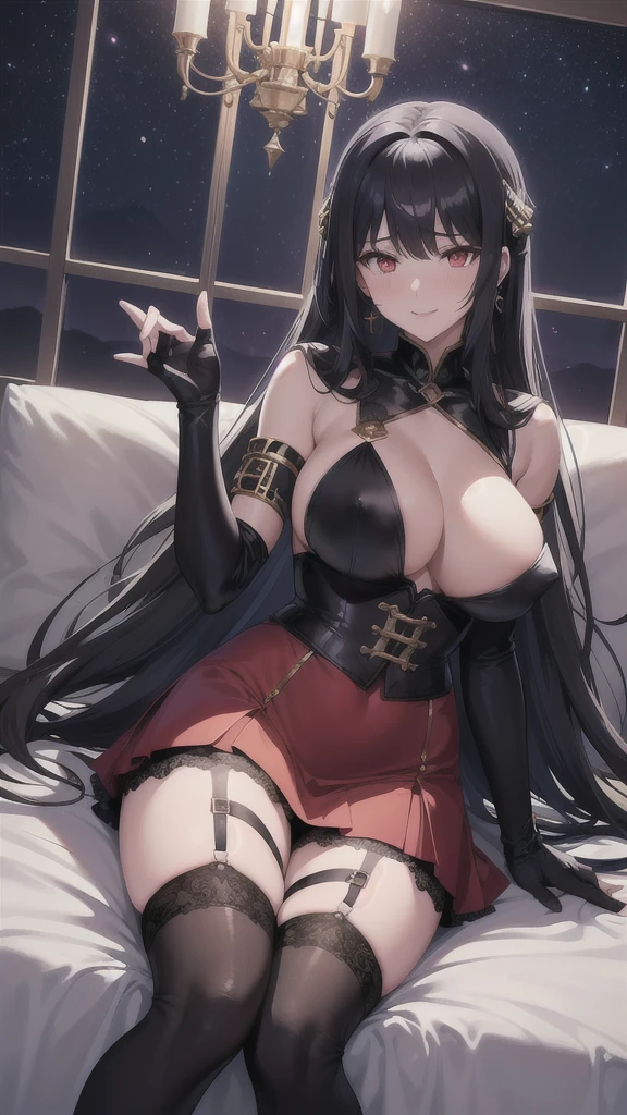 ((Highest quality)),(8K),((Anime illustration)) ,【One Girl,One boy(men and women)】,Red moonlit night、sitting on the couch in the club,Beautiful night view, ((NSFW)),((Black haired Cleopatra)),(Red glowing eyes),(Good elevator),Beautiful black lingerie,(Wearing a Blue cloak),(Mini tight skirt),((Gorgeous big breasts shining)),((Showing off her nipples)),Lace Top Stockings,Knee-high boots,garter belt,Long satin gloves,(Laughing with your fingers),Crossing your legs,Condescending look,Provocative pose,Sexy Body