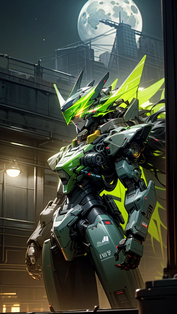 (UHD, retina, masterpiece, accurate, anatomically correct, textured skin, super detail, high details, high quality, best quality, high res, 1080P, HD, 4K, 8k, 16k), studio lighting, physically-based rendering, vivid colors, (glowing, robot, mecha, realistic_mecha, science_fiction), (sky, moonlight, city, building, no_humans), (white & lime green, glowing_eyes, front_view, night, female_type:1.5),