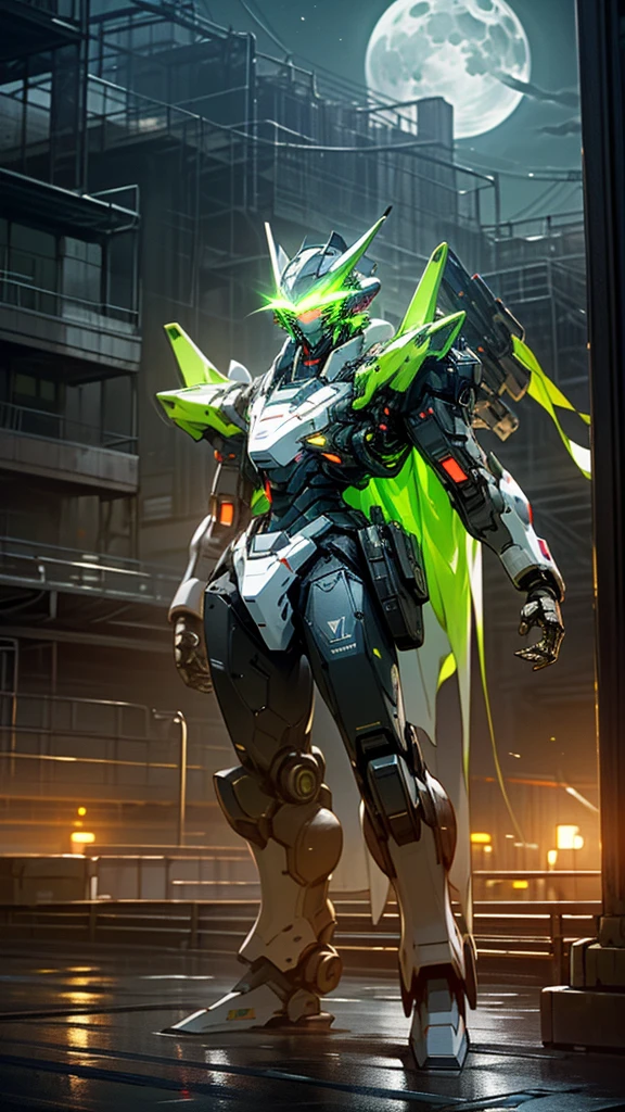 (UHD, retina, masterpiece, accurate, anatomically correct, textured skin, super detail, high details, high quality, best quality, high res, 1080P, HD, 4K, 8k, 16k), studio lighting, physically-based rendering, vivid colors, (glowing, robot, mecha, realistic_mecha, science_fiction), (sky, moonlight, city, building, no_humans), (white & lime green, glowing_eyes, front_view, night, female_type:1.5),