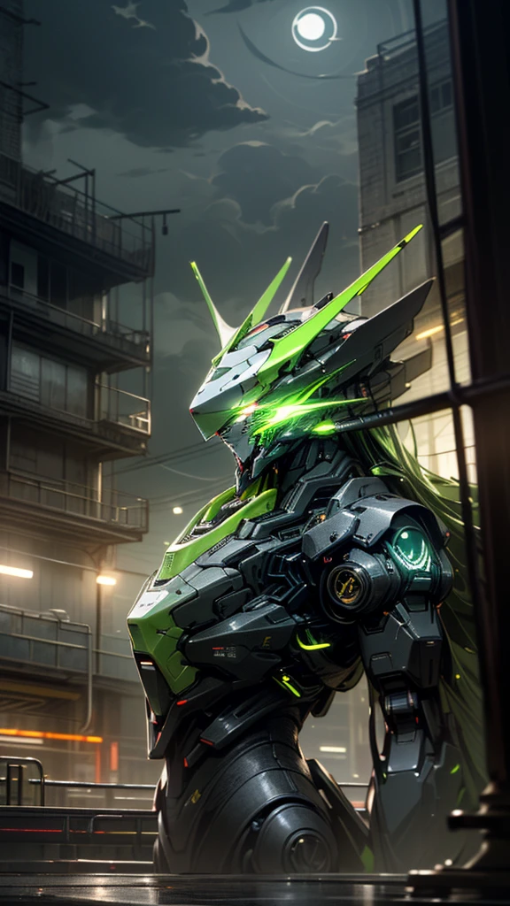 (UHD, retina, masterpiece, accurate, anatomically correct, textured skin, super detail, high details, high quality, best quality, high res, 1080P, HD, 4K, 8k, 16k), studio lighting, physically-based rendering, vivid colors, (glowing, robot, mecha, realistic_mecha, science_fiction), (sky, moonlight, city, building, no_humans), (white & lime green, glowing_eyes, front_view, night, female_type:1.5),