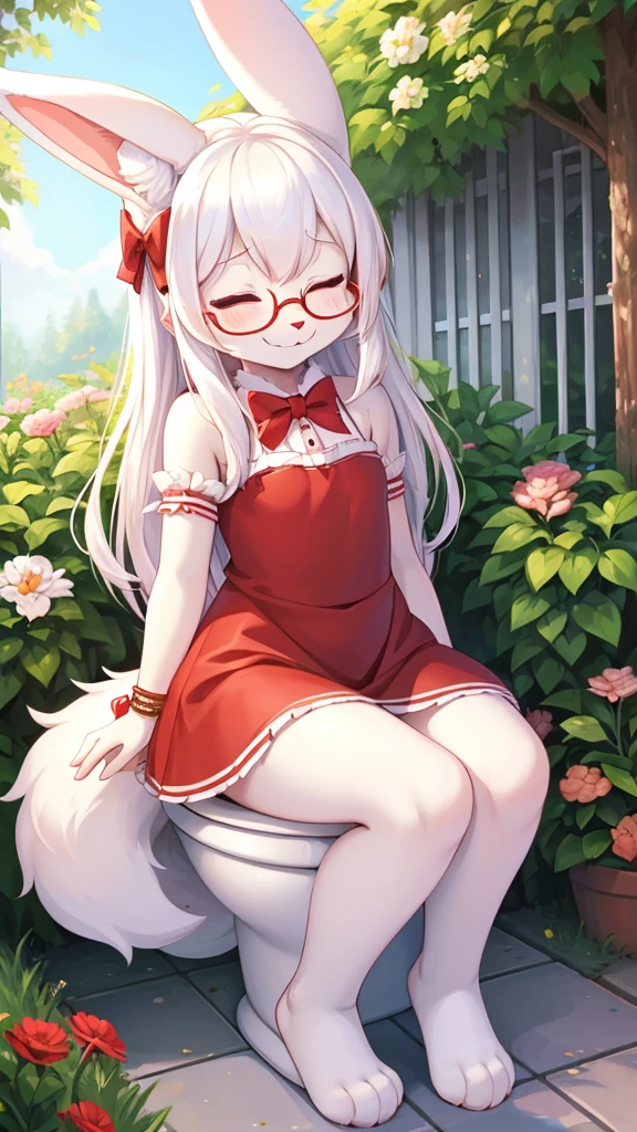 best quality,Optimal resolution,(Fluffy anthropomorphic furry :1.6),(young :1.6),White Rabbit Girl,Small Breasts,Red Eyes,Bright Eyes,White long hair,White rabbit with long ears,White rabbit tail,Red ribbon bow tie,Glasses,Red ribbon hairpin,Red bracelet with ribbon,Pink cute ruffle dress，with bow,Huge garden,White beam,outdoor,Smiley Face,Smile,Two eyes closed,Rinse thoroughly，Toilet seat，Sitting on the toilet，Butt stinks