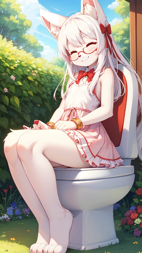 best quality,Optimal resolution,(Fluffy anthropomorphic furry :1.6),(young :1.6),White Rabbit Girl,Small Breasts,Red Eyes,Bright Eyes,White long hair,White rabbit with long ears,White rabbit tail,Red ribbon bow tie,Glasses,Red ribbon hairpin,Red bracelet with ribbon,Pink cute ruffle dress，with bow,Huge garden,White beam,outdoor,Smiley Face,Smile,Two eyes closed,Rinse thoroughly，Toilet seat，Sitting on the toilet，Butt stinks