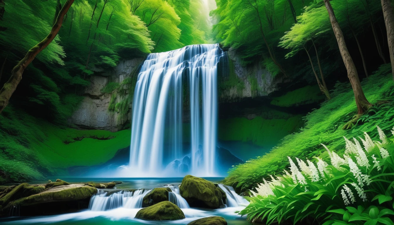 a photo of a cascade with green forest with majestic waterfall, flowers and cascades, peaceful beau cascade, beau wallpaper, beau stunning cascade, very beau photo, with trees and cascades (masterpiece, ultra quality, high resolution, 8k, intricate: 1.2), (masterpiece), (best quality:1)