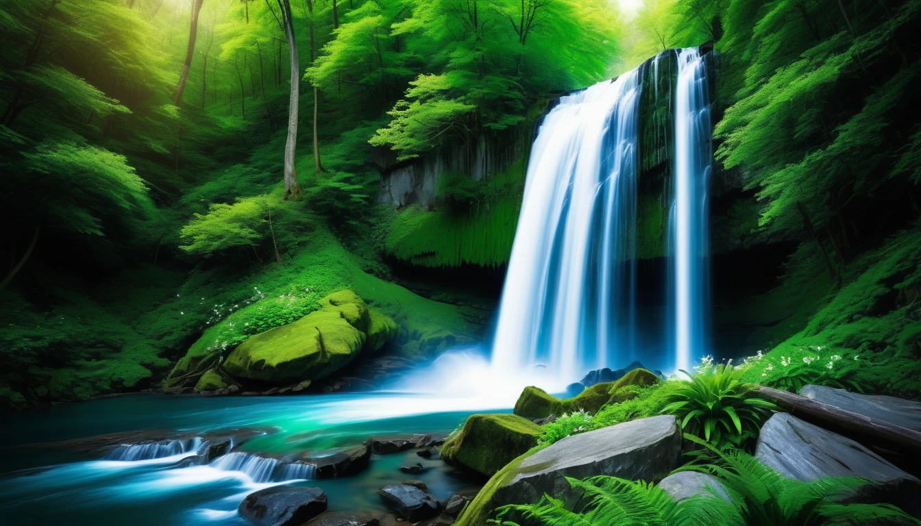 a photo of a cascade with green forest with majestic waterfall, flowers and cascades, peaceful beau cascade, beau wallpaper, beau stunning cascade, very beau photo, with trees and cascades (masterpiece, ultra quality, high resolution, 8k, intricate: 1.2), (masterpiece), (best quality:1)