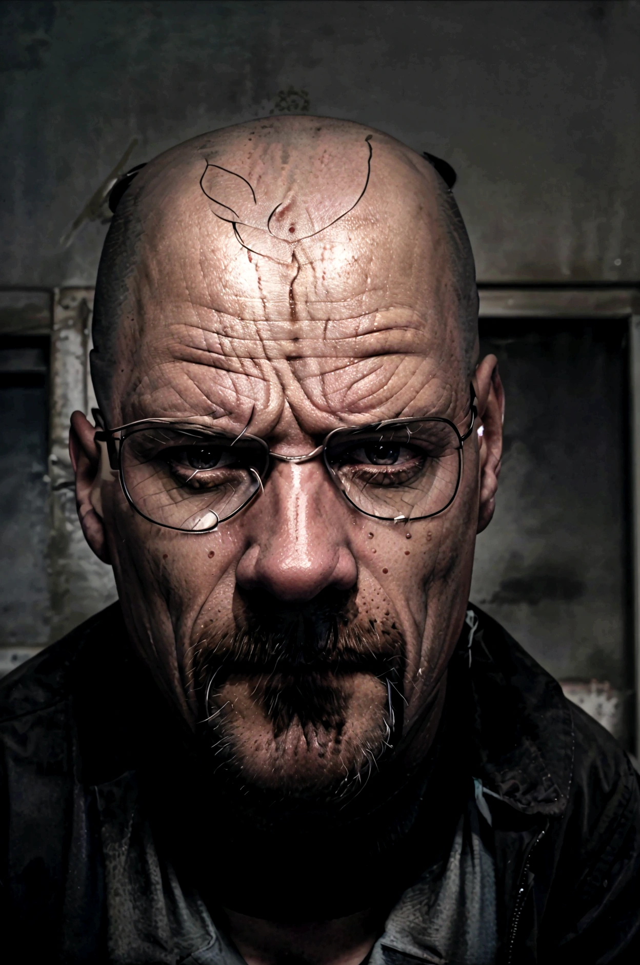 A gritty, high-contrast portrait of Walter White, the central character from the acclaimed TV series "Breaking Bad". Walter's intense, weathered face dominates the frame, with his piercing eyes and determined expression conveying a sense of the character's transformation from a mild-mannered chemistry teacher to a ruthless criminal mastermind. The lighting is dramatic, casting deep shadows and highlights that accentuate Walter's rugged features. The overall aesthetic is dark, moody and evocative of the show's tense, high-stakes drama. This would make for a compelling and visually striking movie poster or key art that captures the essence of this iconic television character.