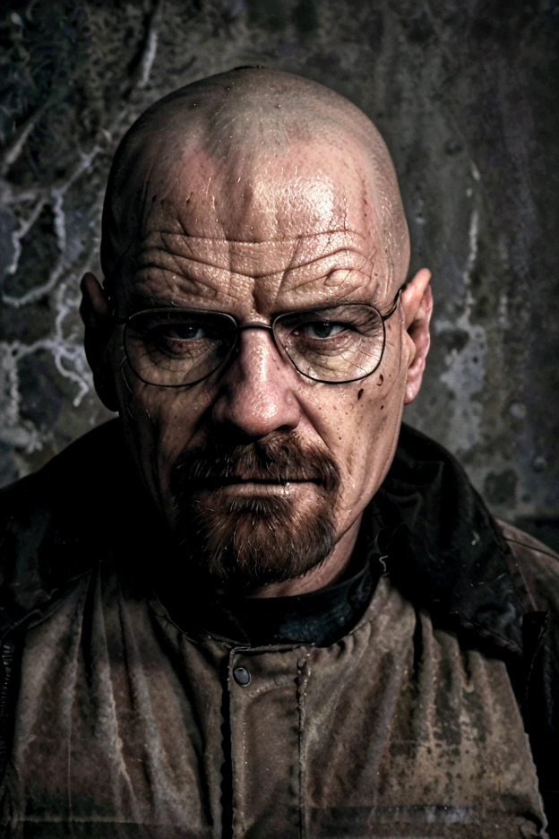 
A gritty, high-contrast portrait of Walter White, the central character from the acclaimed TV series "Breaking Bad". Walter's intense, weathered face dominates the frame, with his piercing eyes and determined expression conveying a sense of the character's transformation from a mild-mannered chemistry teacher to a ruthless criminal mastermind. The lighting is dramatic, casting deep shadows and highlights that accentuate Walter's rugged features. The overall aesthetic is dark, moody and evocative of the show's tense, high-stakes drama. This would make for a compelling and visually striking movie poster or key art that captures the essence of this iconic television character.