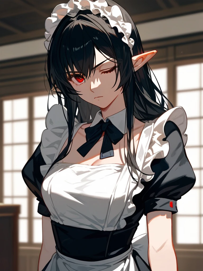 (score_9,score_8_up,score_7_up,), 1girl,solo,maid,maid headdress,looking at viewer,apron,indoors, black hair, red eyes, pointy ears, long hair, alice, standing, mature female, medium breasts, cowboy shot, close up, one eye closed, serious