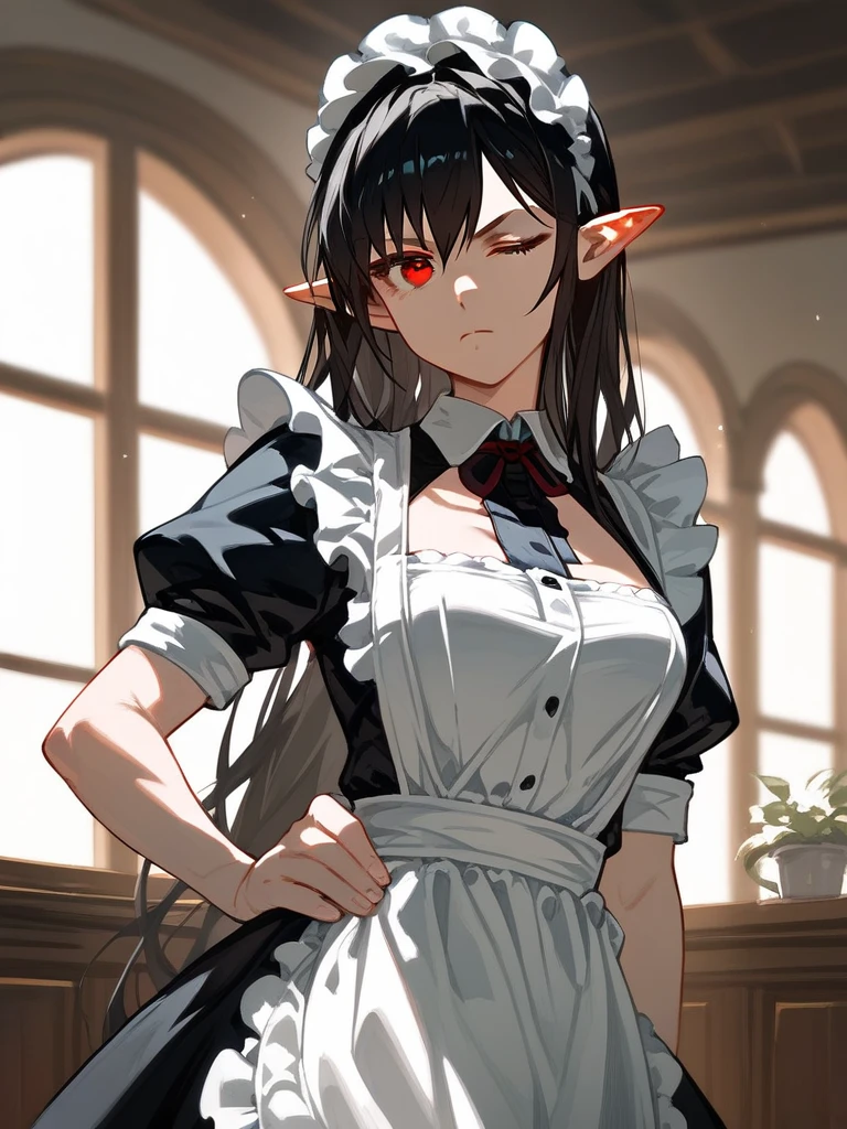 (score_9,score_8_up,score_7_up,), 1girl,solo,maid,maid headdress,looking at viewer,apron,indoors, black hair, red eyes, pointy ears, long hair, alice, standing, mature female, medium breasts, cowboy shot, close up, one eye closed, serious