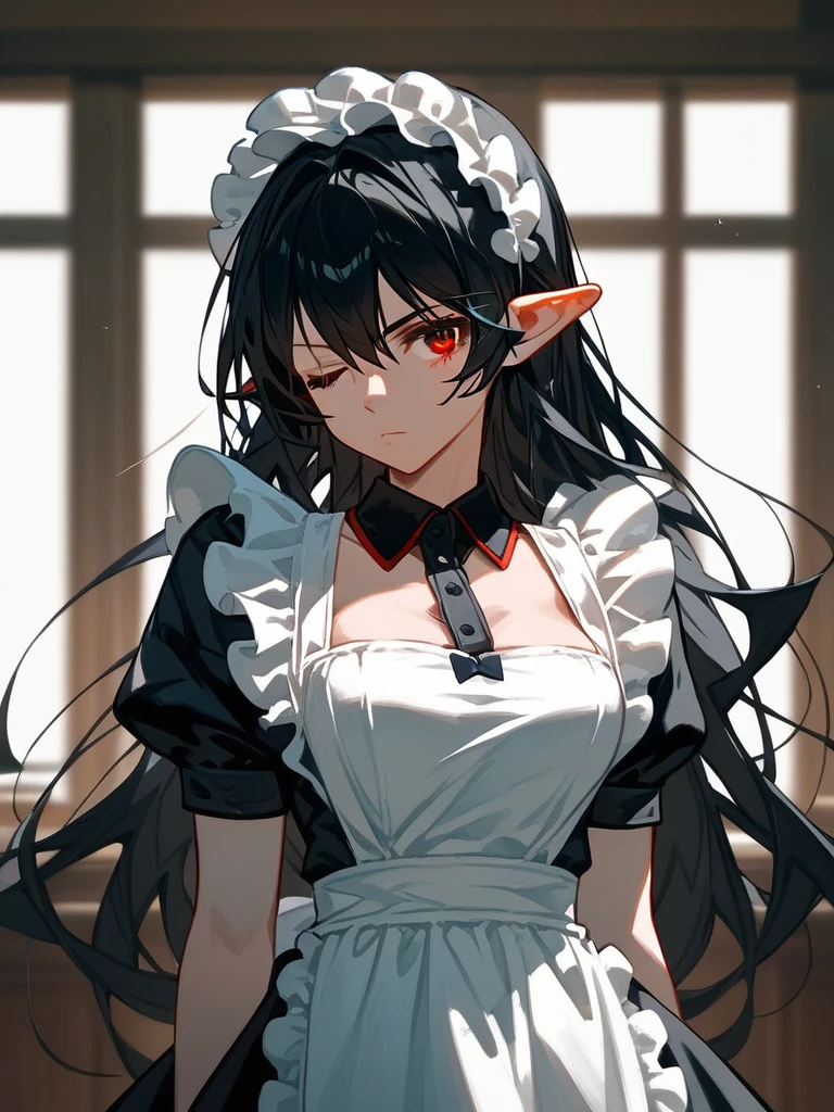 (score_9,score_8_up,score_7_up,), 1girl,solo,maid,maid headdress,looking at viewer,apron,indoors, black hair, red eyes, pointy ears, long hair, alice, standing, mature female, medium breasts, cowboy shot, close up, one eye closed, serious