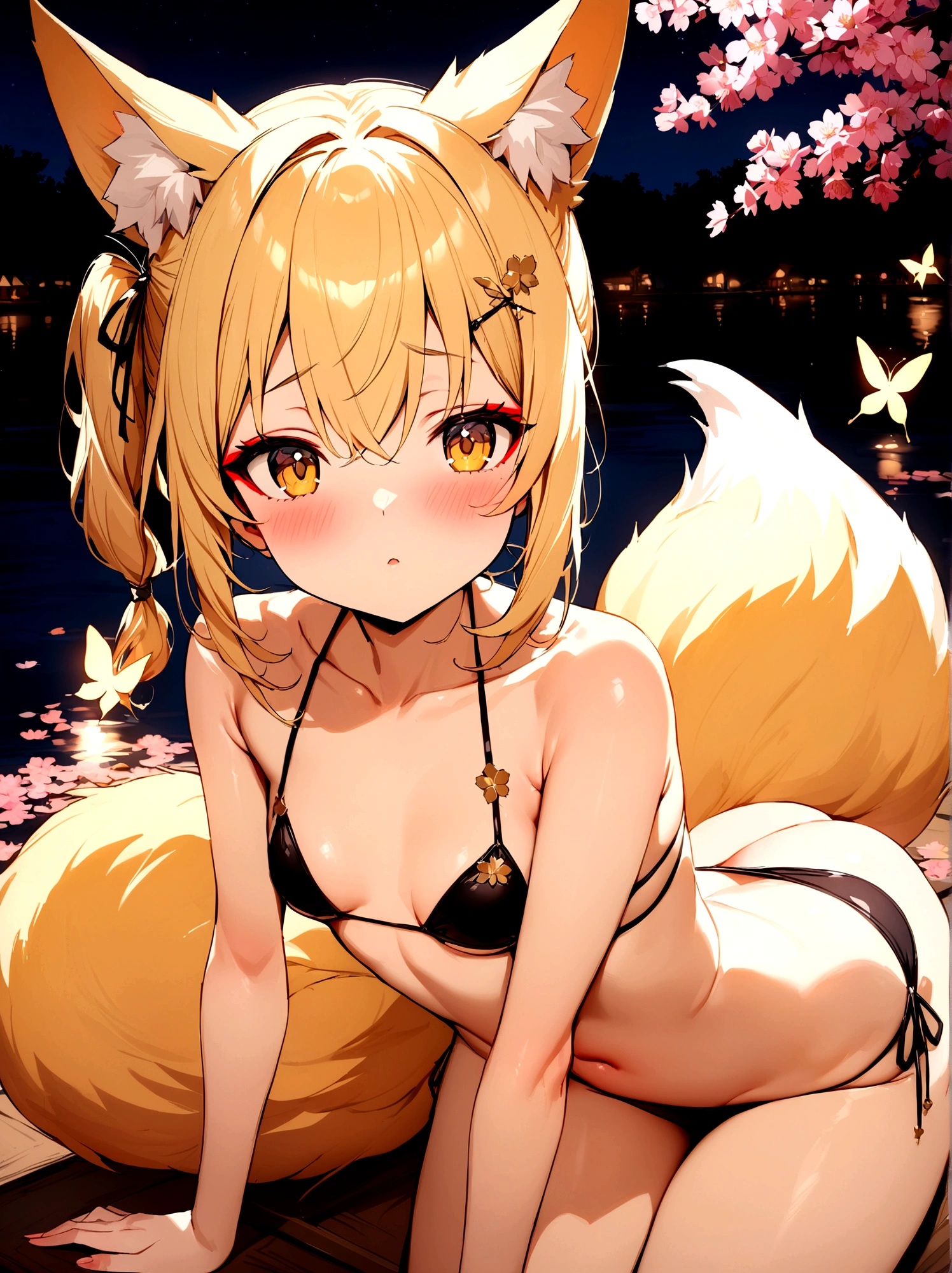 (masterpiece, best quality) junior,detailed, (beautiful,small breasts), blonde,long hair, side ponytail(tied to the left),Hairpin decoration with gold butterfly, elegant, (fox ears),nine tailed fox tail, red eyeshadow, golden eyes, femur,swimsuit(bikini),cherry blossom tree lake background,lake illuminated by moonlight,girl,BLUSH,