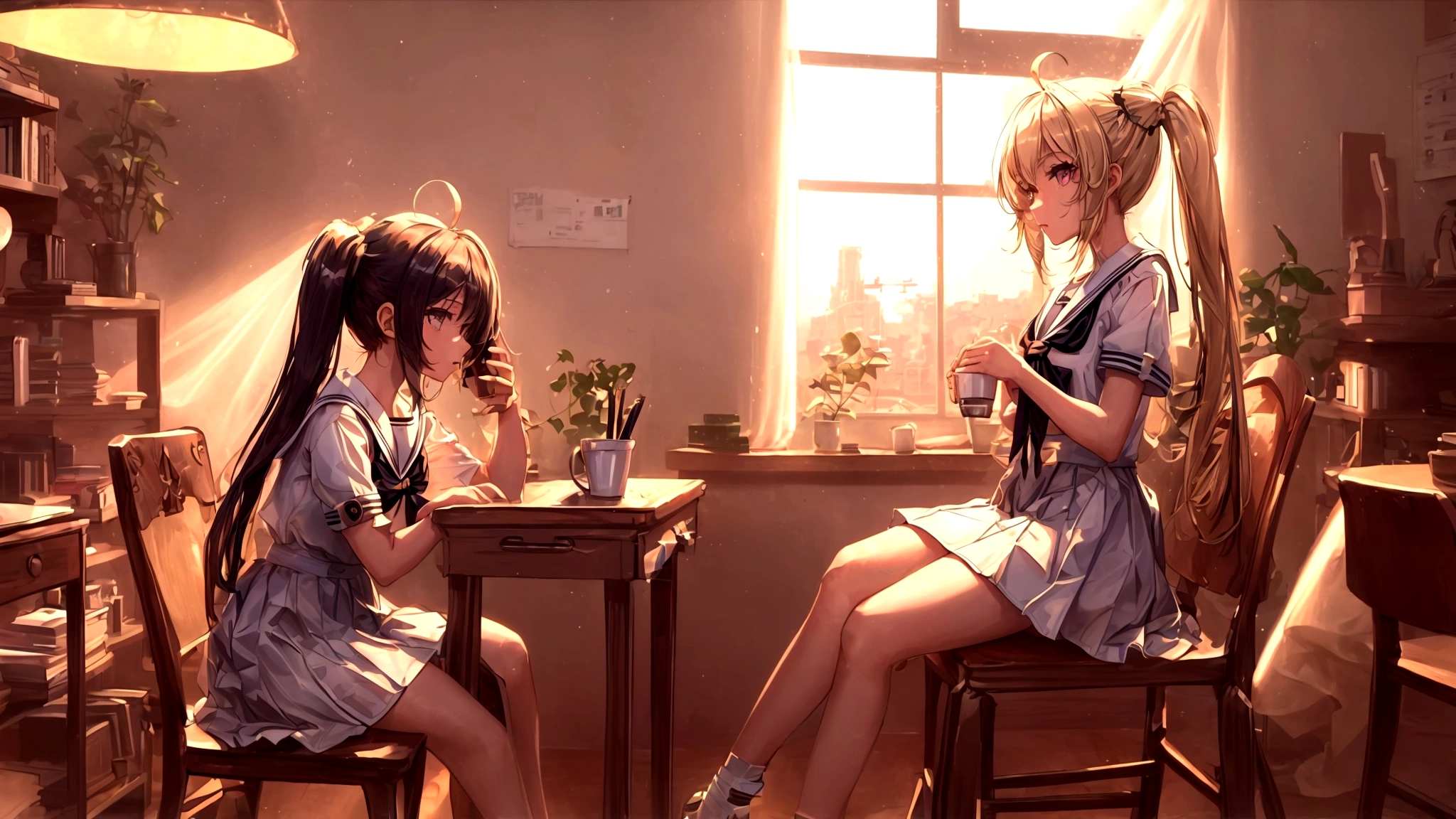 (Highly detailed CG Unity 8k wallpaper,masterpiece, Highest quality, Super detailed),School classroom atmosphere,wood々Sunlight shining through the gaps,A beautiful blonde high school girl with twin tails and ahoge(D Cup),Smartphone in hand,Tinker,Beautiful black-haired ,Skinny and flat chested, Wearing a sailor uniform,Sitting on a chair、He is having a conversation with a blonde girl sitting at a desk.,in the evening.