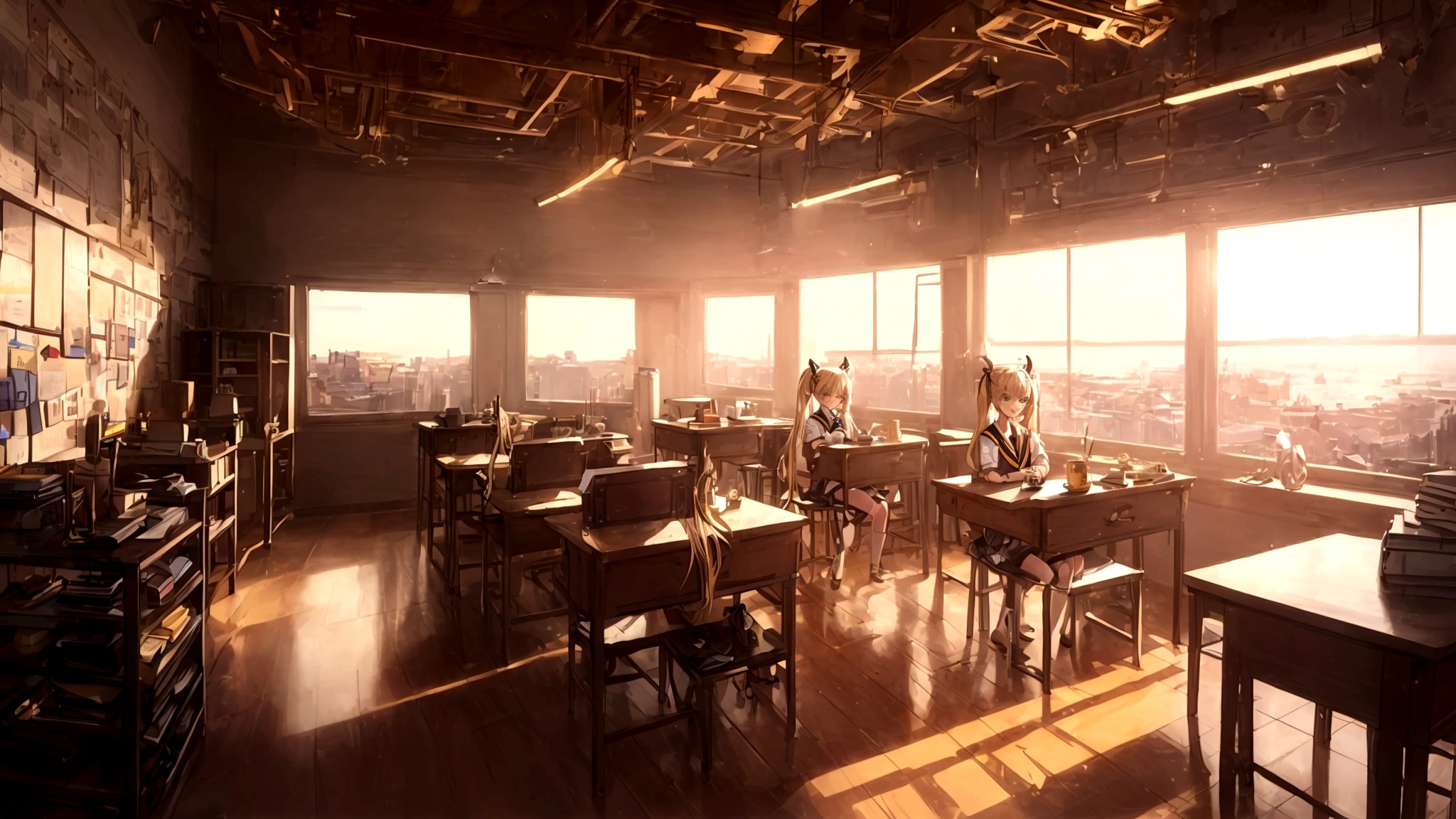 (Highly detailed CG Unity 8k wallpaper,masterpiece, Highest quality, Super detailed),School classroom atmosphere,wood々Sunlight shining through the gaps,A beautiful blonde high school girl with twin tails and ahoge(D Cup),Smartphone in hand,Tinker,Beautiful black-haired ,Skinny and flat chested, Wearing a sailor uniform,Sitting on a chair、He is having a conversation with a blonde girl sitting at a desk.,in the evening.