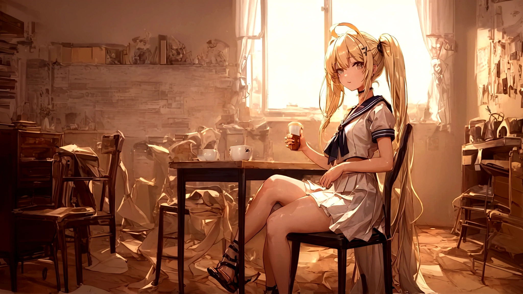 (Highly detailed CG Unity 8k wallpaper,masterpiece, Highest quality, Super detailed),School classroom atmosphere,wood々Sunlight shining through the gaps,A beautiful blonde high school girl with twin tails and ahoge(D Cup),Smartphone in hand,Tinker,Beautiful black-haired ,Skinny and flat chested, Wearing a sailor uniform,Sitting on a chair、He is having a conversation with a blonde girl sitting at a desk.,in the evening.