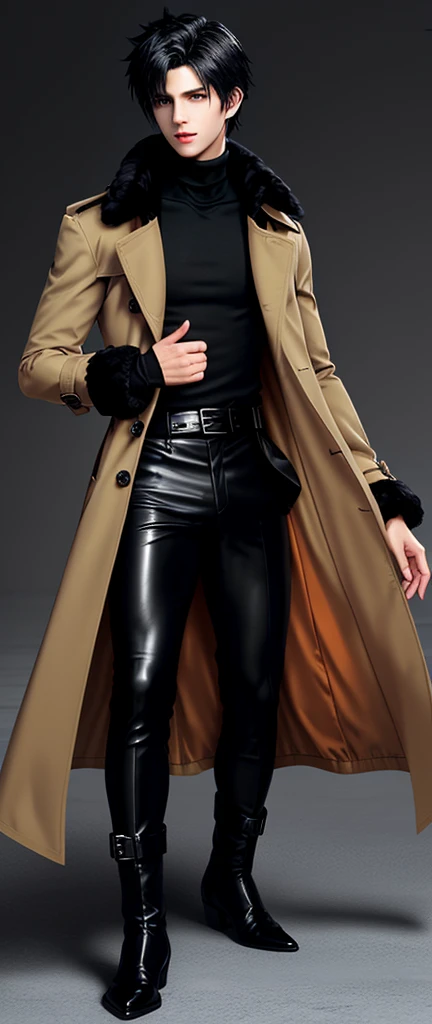 Final fantasy taste and reality graphics, ((Japanese young cute and cool ikemen boy)), his age is early 20s, thin eyebrows and beady eyes, ((he wearing orange beige color thick and heavy material trench coat with black color neck fur)),((fur color is black)) ((coat is not leather material and soft fabric)), ((coat is large size)),((with epaulet)), ((coat is long sleeve)), ((zip front of the coat with waist belt)), , ,, ((also wearing black thick material turtleneck lackluster shirts)), ((tight black leather pants)), ((put black leather tight and thin glove on both hands)), ((black leather glove)),((black leather knee-high raceup boots)),((must views head-to-toe)),((must views whole body)), ,((Do not show skin from the neck down)),leather jacket leather glove and leather pants have few wrinkles, Avoid showing your innerwear,zip up jacket fastner.((must put on a leather glove)).
Boy is black hair.boy looks like fashion model.
Boy in the dim room.