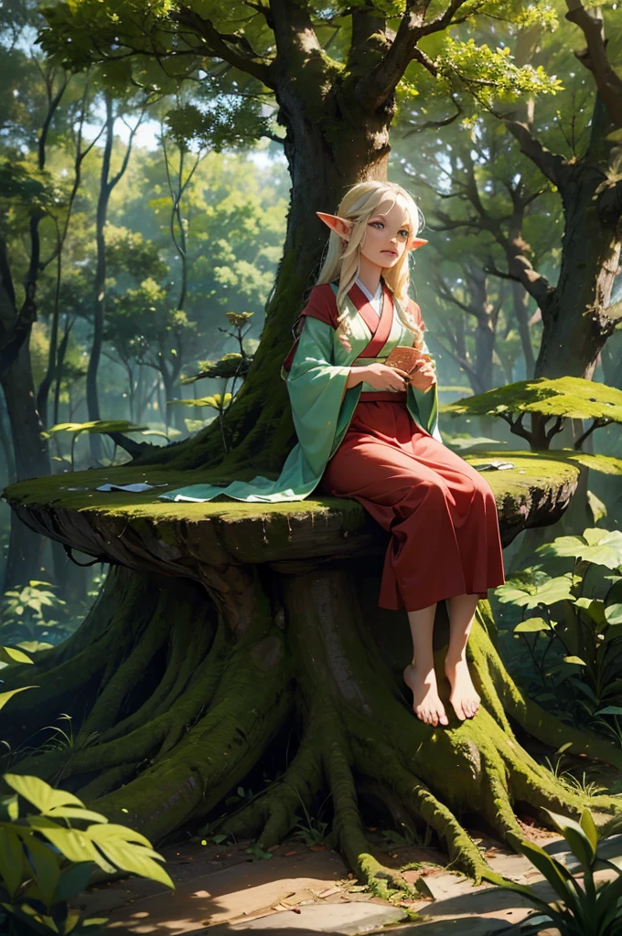 An elf wearing a kimono sitting on a large tree stump in a lush forest is casting a spell