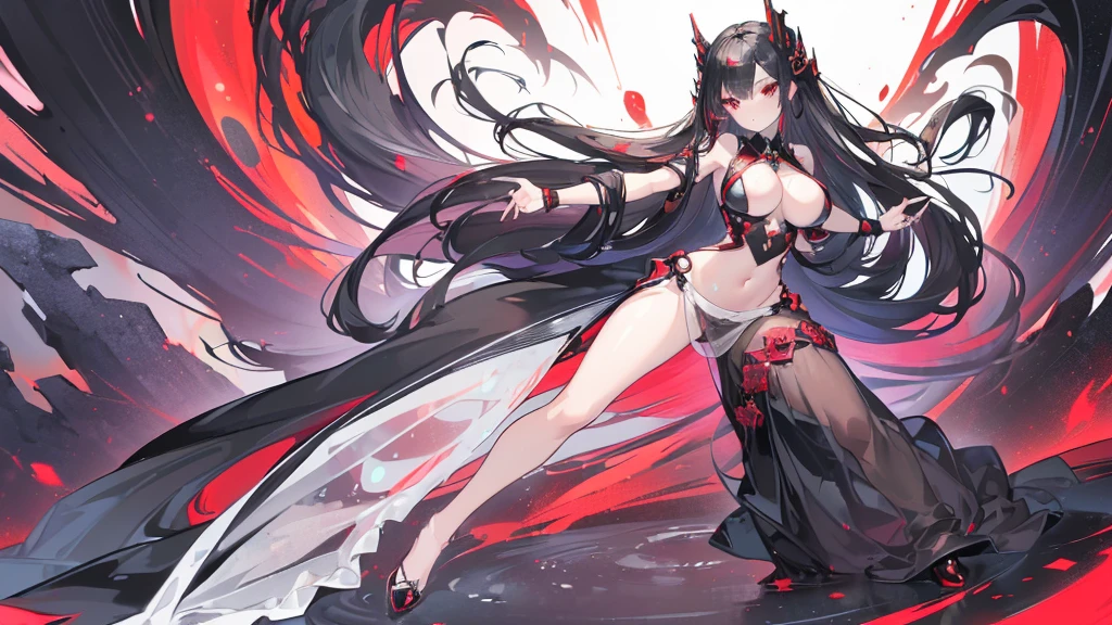 (Exquisite eyes),(Clear and beautiful eyes:1.61),masterpiece, ung girl,(Black clothes and some red gems), Black long hair, (She has a huge red gem on her chest), Good Hand,((The Havoc of StarCraft)),full-body shot,Fighting Stance,(Red Eyes:1.466)，short and small,(Very big breasts:1.35),(Pretty Face),(full-body shot:1.33),Beautiful hands