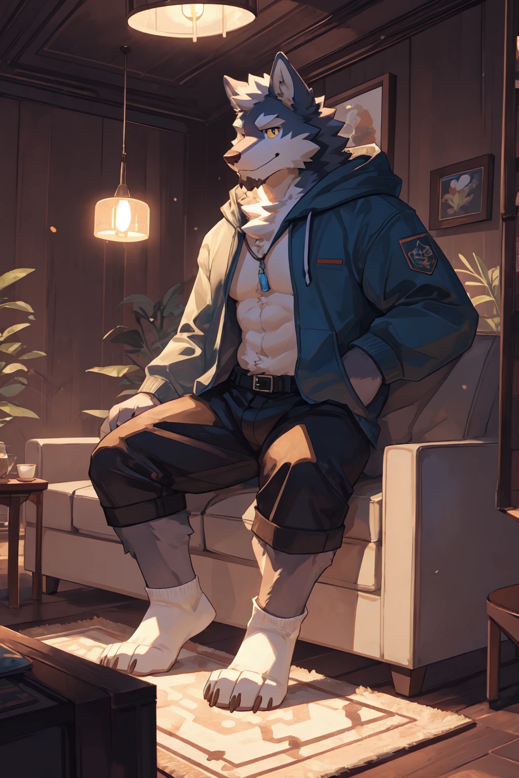 Best quality, Professional, Vivid Colors, full body, wolf, Muscular male, kemono, by bigcozyorca, Solo, grey Fur, white body, golden eyes, pectorals, (detailed face, detailed eyes:1.5), beard, open hoodie, shorts, white socks, sitting alone, sofa, indoor, smirk, night, dark light, Ray tracing, detailed shadow, Tyndall effect, Fur carpet,