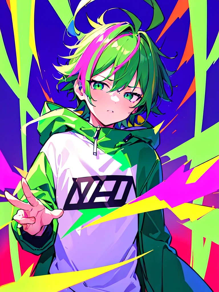 [(RETRO WAVE BACKGROUND:1.5),::5], ((((masterpiece)))), high quality, ultra very high resolution, full color, (((solo))), ((**********)), Purple hair, ((Green streaked hair)), (Green eyes), anime, ((upper body)), neon light, black parka, 