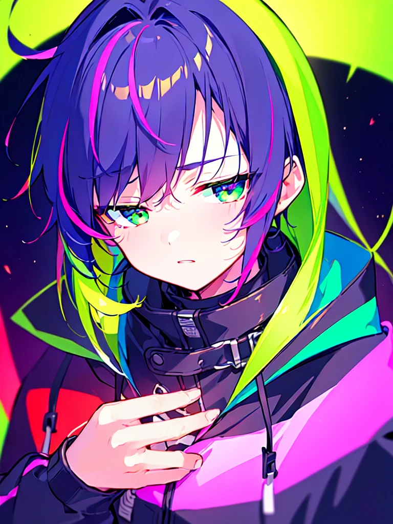 [(RETRO WAVE BACKGROUND:1.5),::5], ((((masterpiece)))), high quality, ultra very high resolution, full color, (((solo))), ((**********)), Purple hair, ((Green streaked hair)), (Green eyes), anime, ((upper body)), neon light, black parka, 