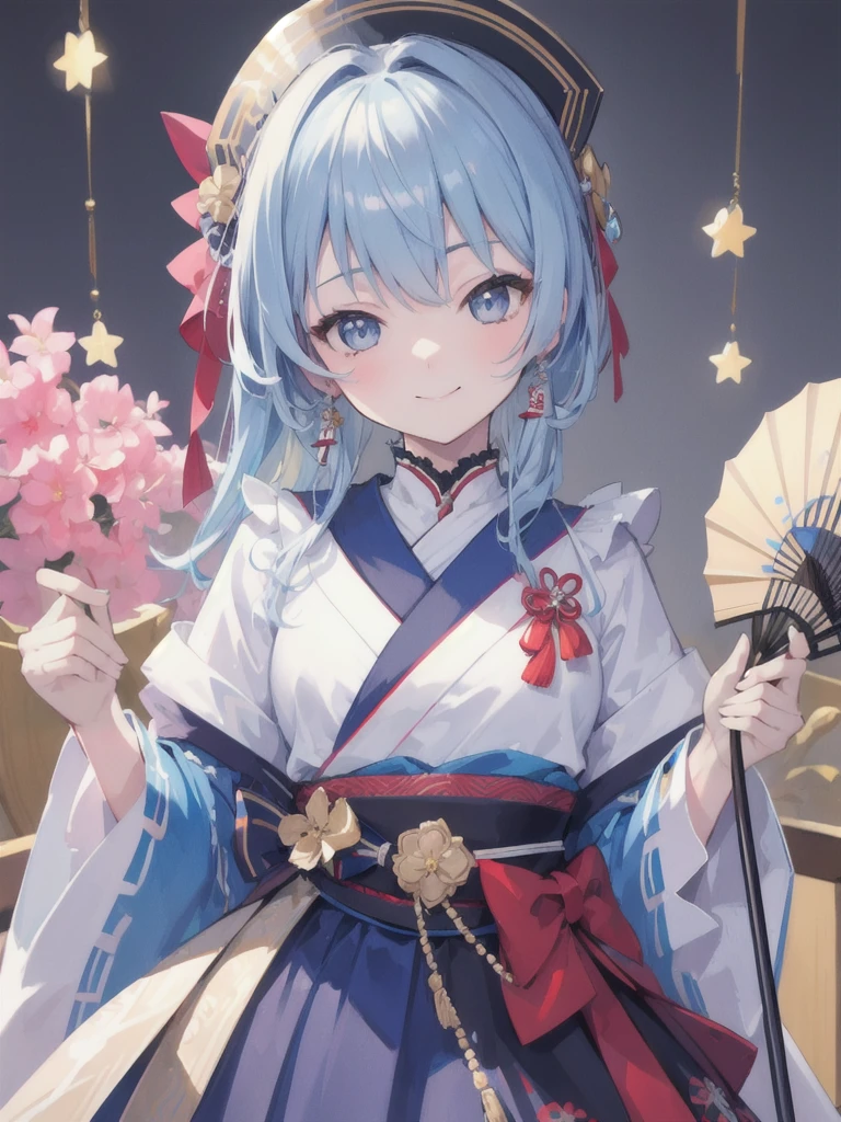 ((masterpiece, best quality)),4k, High detail, HoshimachiSuisei, smile, close-up, fan handle