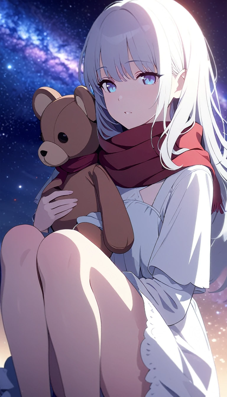 (((masterpiece))), (((best quality))),(((high detail))),light manipulation, girl with long silver hair, gradient purple to sky blue eyes, wearing a white dress, a red scarf, galaxy background, holding a teddy bear, feet, no footwear