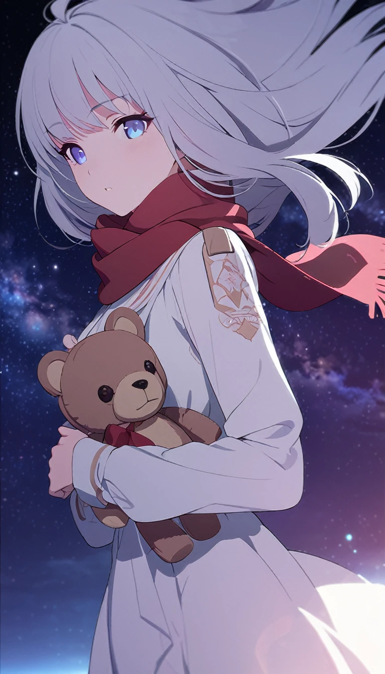(((masterpiece))), (((best quality))),(((high detail))),light manipulation, girl with long silver hair, gradient purple to sky blue eyes, wearing a white dress, a red scarf, galaxy background, holding a teddy bear, feet, no footwear