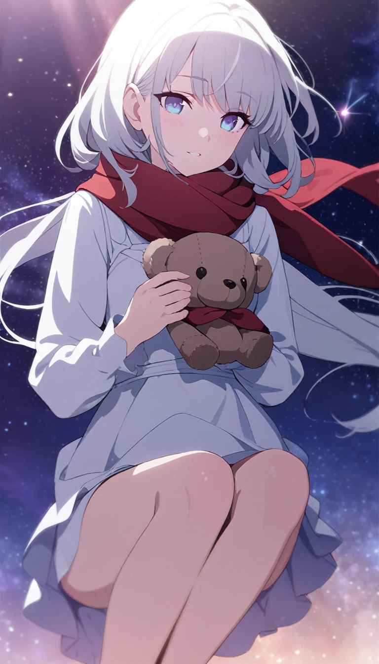 (((masterpiece))), (((best quality))),(((high detail))),light manipulation, girl with long silver hair, gradient purple to sky blue eyes, wearing a white dress, a red scarf, galaxy background, holding a teddy bear, feet, no footwear
