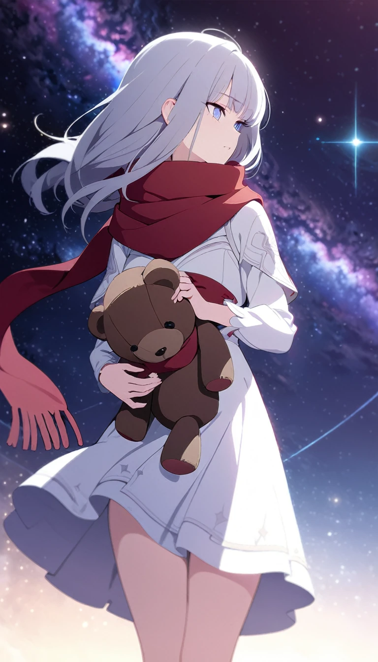 (((masterpiece))), (((best quality))),(((high detail))),light manipulation, girl with long silver hair, gradient purple to sky blue eyes, wearing a white dress, a red scarf, galaxy background, holding a teddy bear, feet, no footwear