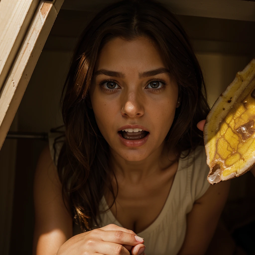 4k realistic, a horrified brown haired woman crouched in a closet holding a jagged yellow tooth on her hand