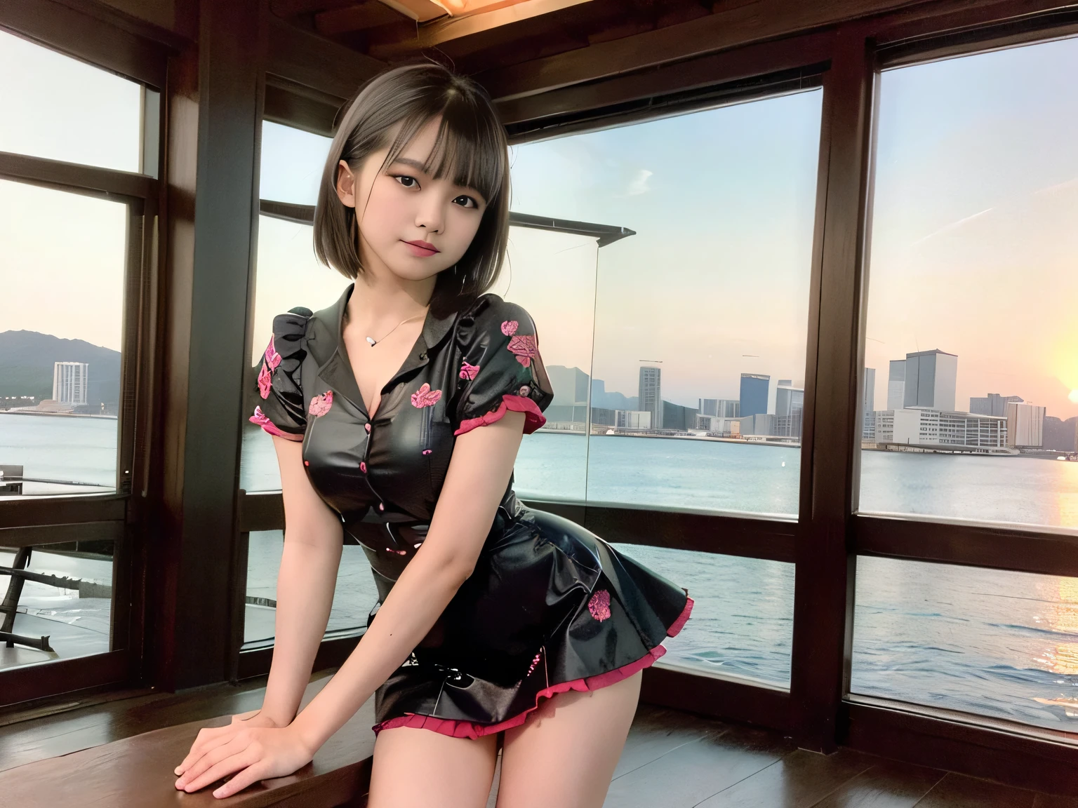 (Highest quality, masterpiece, Ultra-high resolution, 8K, RAW Photos, Realistic, Anatomically correct:1.5), 20-year-old girl:1.2, Embarrassing, avert your eyes, blush:1.0, View Viewer, ((bar)) 、Large windows、Night view、 Light:1.2, Bokeh, Cinema Lighting:1.0, Depth of written boundary, sharp、 Cute face、Idol、Wine colored short sleeve lace top、Black pleated skirt、Shiny wine-colored clothing、”dwarf”、(Floral clothes)、(Full Body Shot)、Side angle、Cowboy Shot、 smile、((Ultra short hair、Berry Short))、(Straight bangs)、(( One Girl))、Waist、I can see your thighs、Large Breasts、