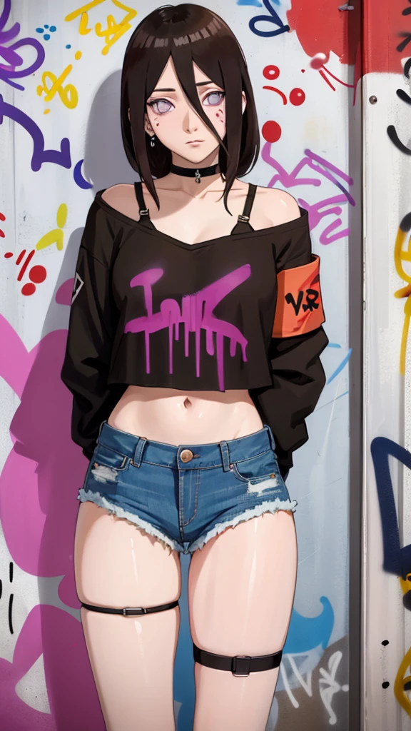 20-year-old, 1man, skinny, thin, detailed face, smug, lifting up t-shirt, pink hair, tattoo, very low distressed denim shorts, unzipped fly, unbuttoned shorts, thick thighs, ripped shorts, massive bulging swollen crotch, high white socks, dirty sneakers, HD, low angle