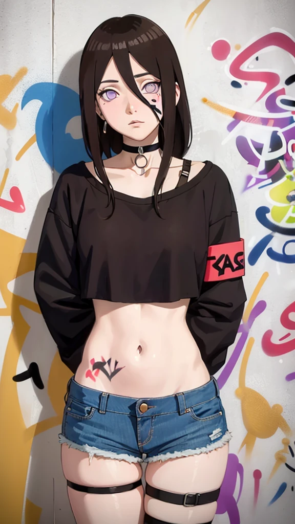 masterpiece, best quality, 1girl, solo, crop top, denim shorts, choker, (graffiti:1.5),  arms behind back, against wall, looking at viewer, armband, thigh strap, head tilt, bored, Brown hair, purple eyes, headset, Hanabi Hyuga.