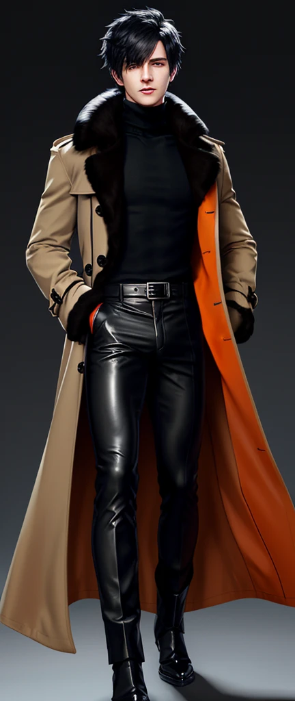 Final fantasy taste and reality graphics, Japanese young cute and cool ikemen boy, his age is early 20s, thin eyebrows and beady eyes, he wearing orange beige color double brest very thick trench coat, with a black color neck fur.,neck fur is black color, must black neck fur,
Must tighten your belt og coat, with epaulet, must close the front of the trench coat,, must trench coat cloth the front, also wearing black very thick turtleneck lackluster shirts, tight black leather pants, shiny black leather tight and must put on a thin leather glove both hands, black leather knee-high raceup boots,must views head-to-toe,must views whole body, boy looks like fashion model,Do not show skin from the neck down,leather jacket leather glove and leather pants have few wrinkles,boy in the room,,Avoid showing your innerwear,must close coats waist belt.