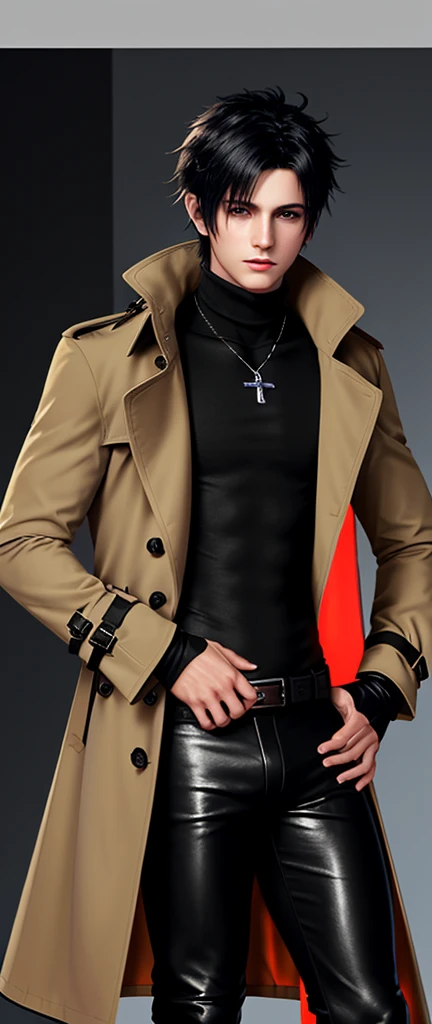 Final fantasy taste and reality graphics, Japanese young cute and cool ikemen boy, his age is early 20s, thin eyebrows and beady eyes, he wearing orange beige color double brest very thick trench coat, with a black color neck fur.,neck fur is black color, must black neck fur,
Must tighten your belt og coat, with epaulet, must close the front of the trench coat,, must trench coat cloth the front, also wearing black very thick turtleneck lackluster shirts, tight black leather pants, shiny black leather tight and must put on a thin leather glove both hands, black leather knee-high raceup boots,must views head-to-toe,must views whole body, boy looks like fashion model,Do not show skin from the neck down,leather jacket leather glove and leather pants have few wrinkles,boy in the room,,Avoid showing your innerwear,must close coats waist belt.