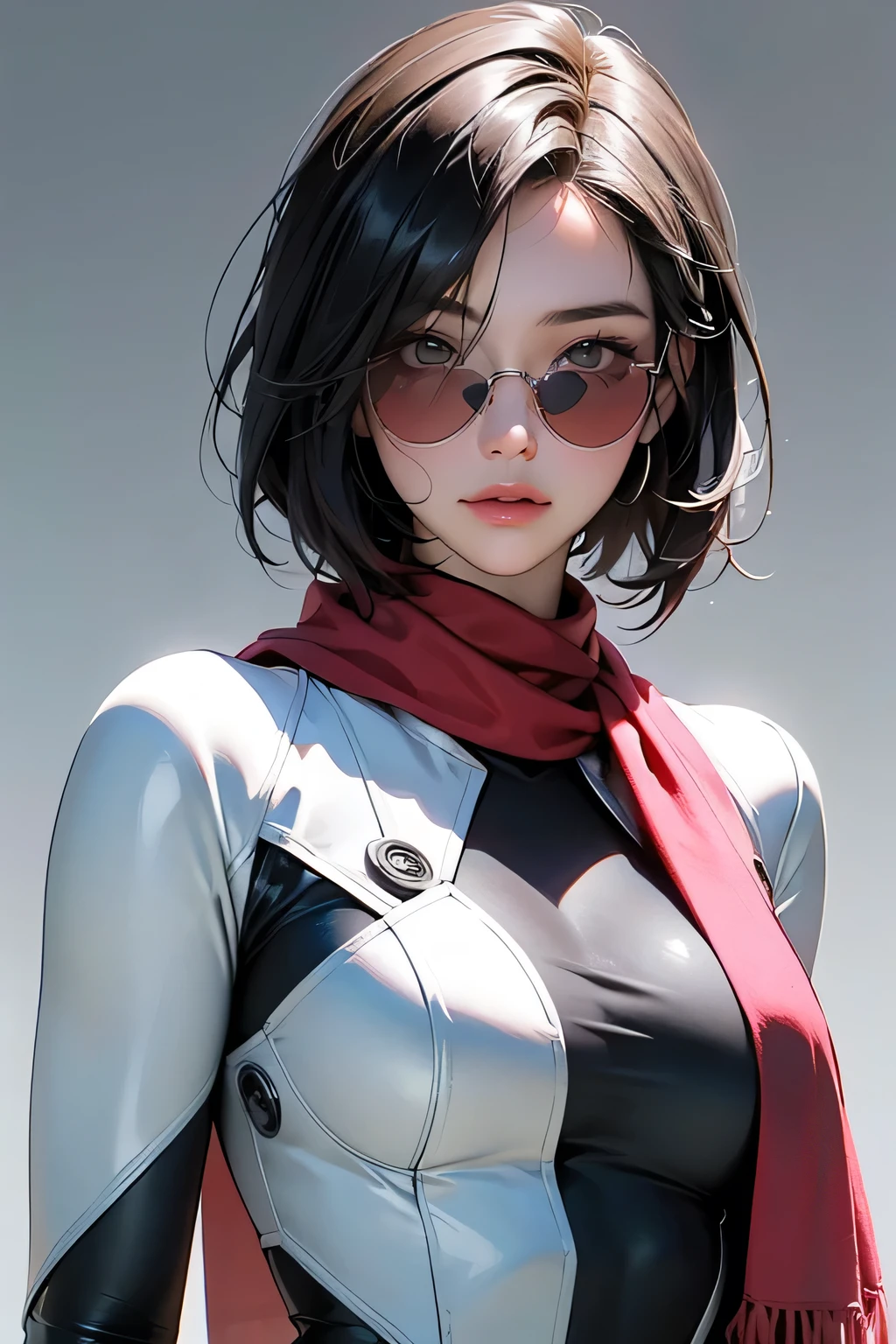 (masterpiece, best quality, 8k wallpaper, high resolution, ultra realistic) , 2 women, 2 girls with sunglasses, 18 years old, black hair (long hair, short hair), 8k, RAW portrait (Japanese woman), masterpiece, photorealistic: 1.3, realistic, ultra high resolution, best quality, real life photo, (in the evening: 1.1), ((((1 girl: 1.5))))(cute face: 1.3), perfect proportions, 80s oversized sunglasses, bob cut, steampunk, col: white/green, face retouch, labrador, robot suit, chrome skin, savvy, anime cosplay, cyber enhanced, skin color – silver, slim bodysuit, red scarf, light colored background, two people posing.