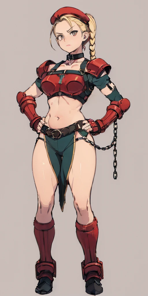 ((Plain background 1:2)) (Cammy White Street Fighter 6) Female full body standing straight symmetrical looking to the viewer RED full body armored (handcuffs, shackles, rerebrace, faulds, poleyn, gauntlets, leather collar choker) big belt under belly button, navel, belt over belly button, ((hands on hips))