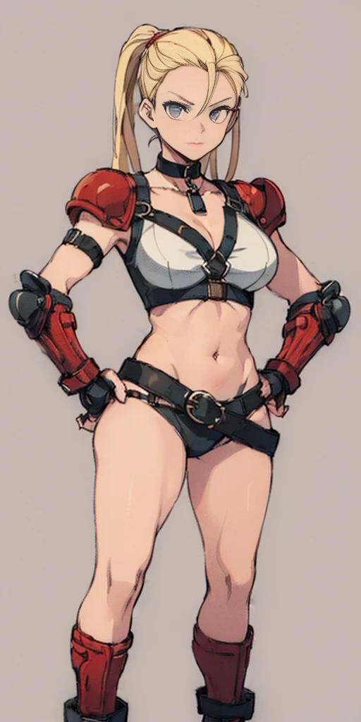masterpiece,highest quality,1 girl,parted bangs,brown hair,short hair,(red tassets),Red shoulder armor,elbow gloves,(black eyes),smile,choker,navel,white background,shot from front,cowboy shot,