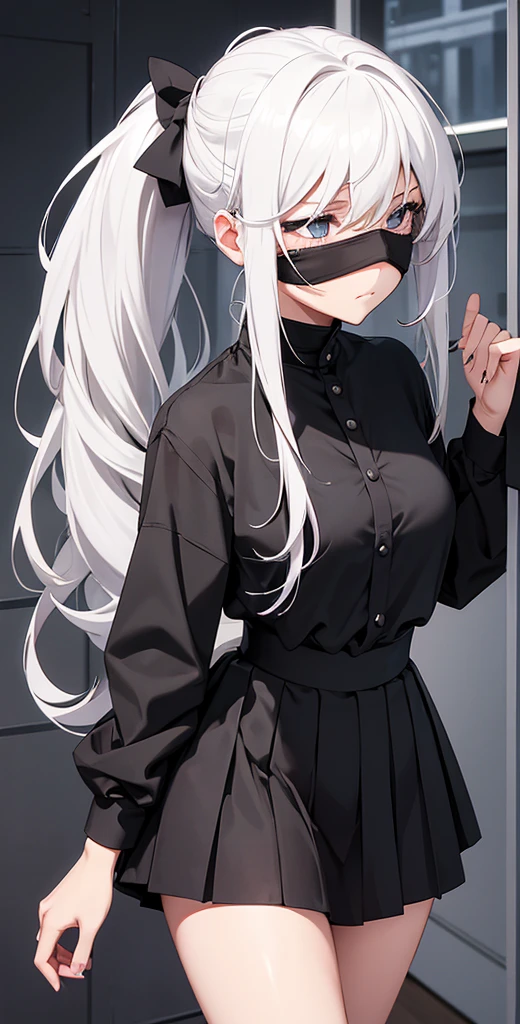 For a girl who has voluminous white hair tied in a ponytail, wears a black blindfold, Wearing black clothes and a sexy black skirt