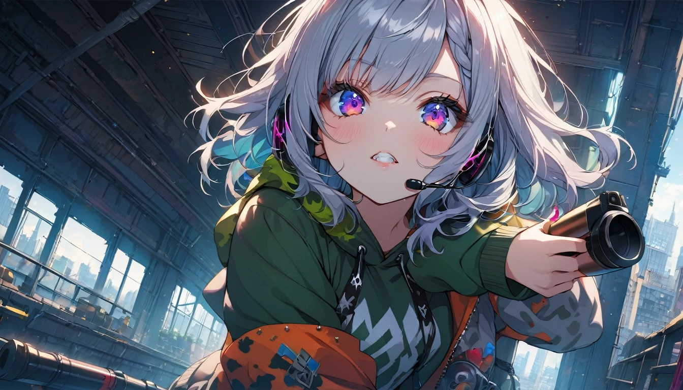 ((Masterpiece)), ((best quality)), (Anime:1.3), (super detail:1.2), (High Definition:1.3), (Professional Photography:1.3), cute young Girl, Glossy unruly hair, (loose swept bangs), (silver ash hair), medium hair, big eyes, (Eye bags:1.3), (Long eyelashes), colorful eyes, (set up a Rocket launcher:1.3), (peek into the aim:1.3), Glossy lips, (jagged teeth), farewell, ((Camouflage hoodie with oversized)), mini skirt, (upper body:1.3), barearms, cute, (colorful:1.3), gothic makeup, (wearing headphone), pretty, Celtic, maniac, (at the roof of the building), (dutch angle:1.3),