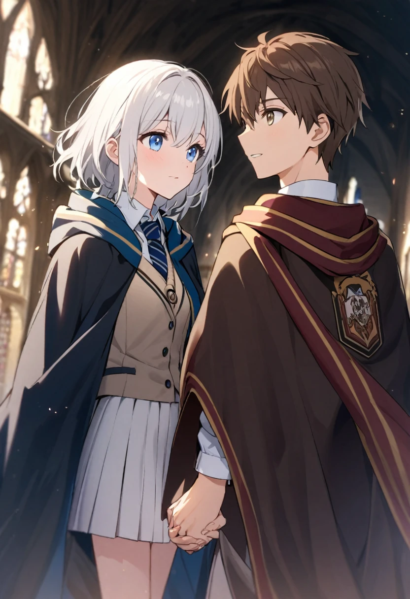 Ravenclaw uniform, Ravenclaw emblem, black robe. Beautiful face boy. Very smart. white Hair. Amber yellow eyes. Hogwarts. Cheerful. Smile. Blue clothes