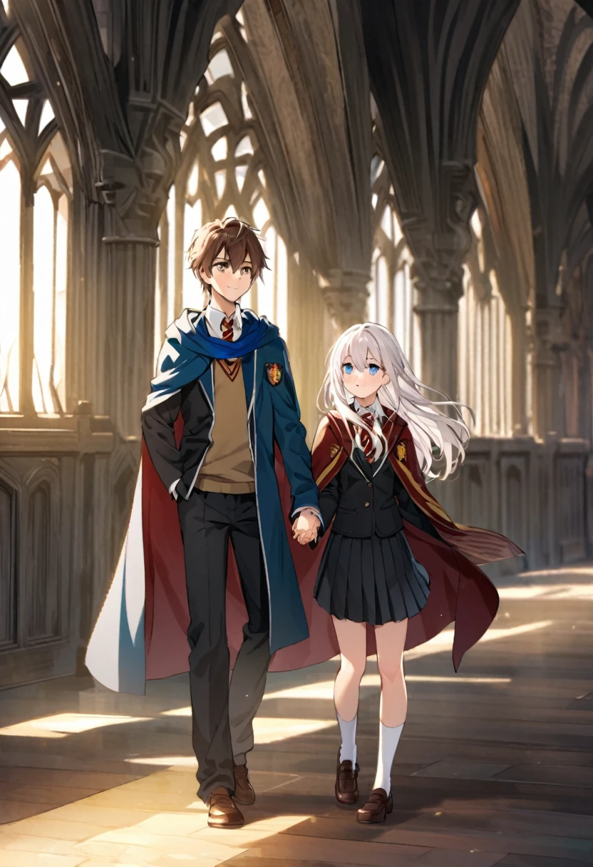  boy, White hair, blue eyes, school uniform and cape. Holding hands with a girl his age, long brown hair and hazel eyes wearing Hogwarts . In a bright room.