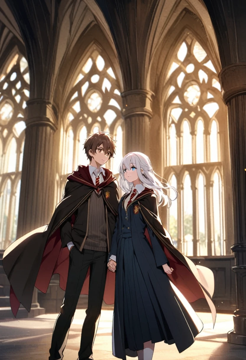 boy, White hair, blue eyes, school uniform and cape. Holding hands with a girl his age, long brown hair and hazel eyes wearing Hogwarts . In a bright room.