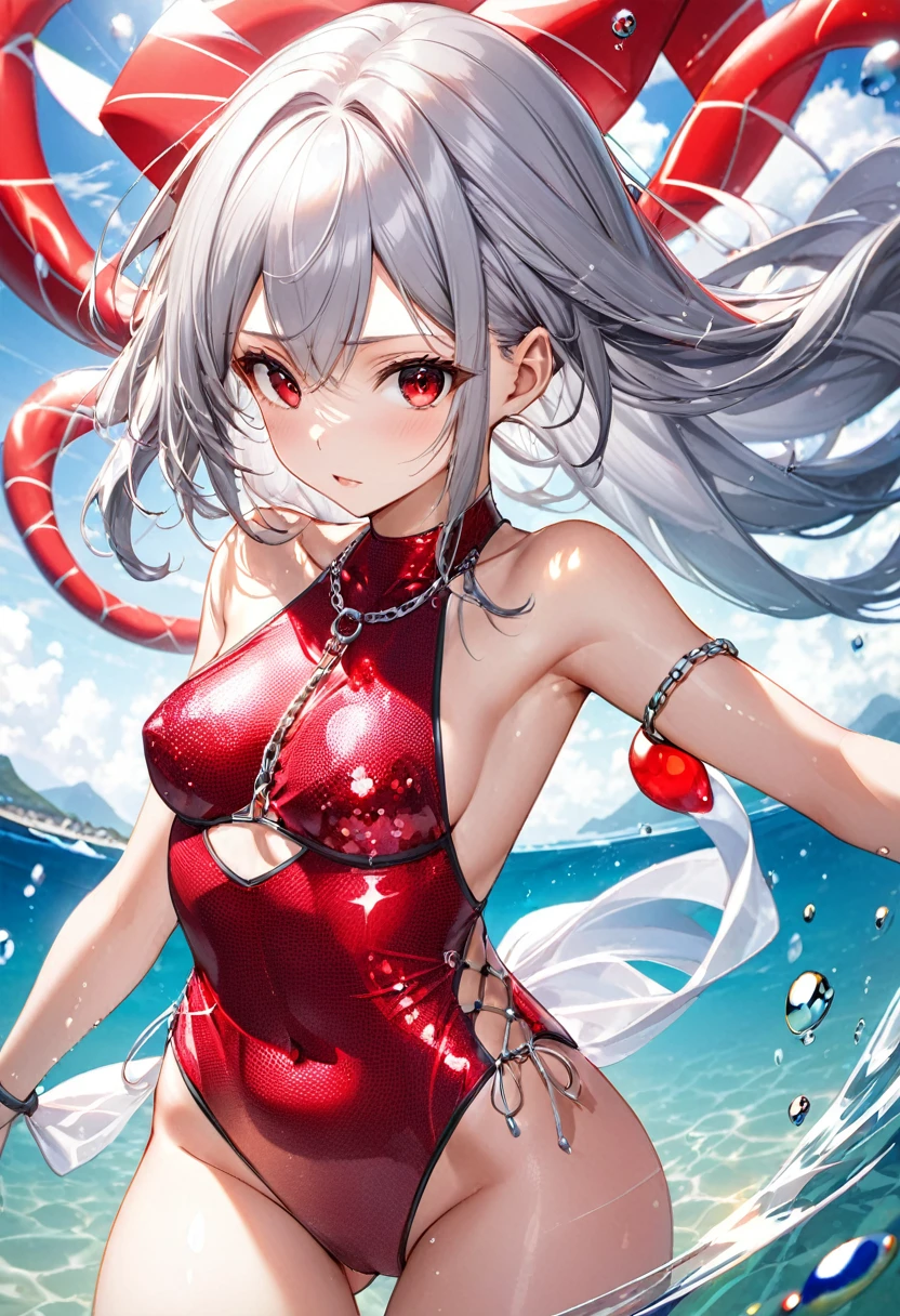(pov Swimwear style) (beautiful body), (solo:2, 16 yo, hime cut silver hair hair long hair divine fighter girl, cool red eyes, serious face, medium tits), (in a Crystalline detailed one piece Layered Dress swimsuit, detailed sequin body chain), break, in the summer Swimsuit contest show venue, background Double Exposure beautiful ocean, BREAK, perfect anatomy, masterpiece, best quality, 16k, beautiful detailed love, sexy, daydreaming expression.