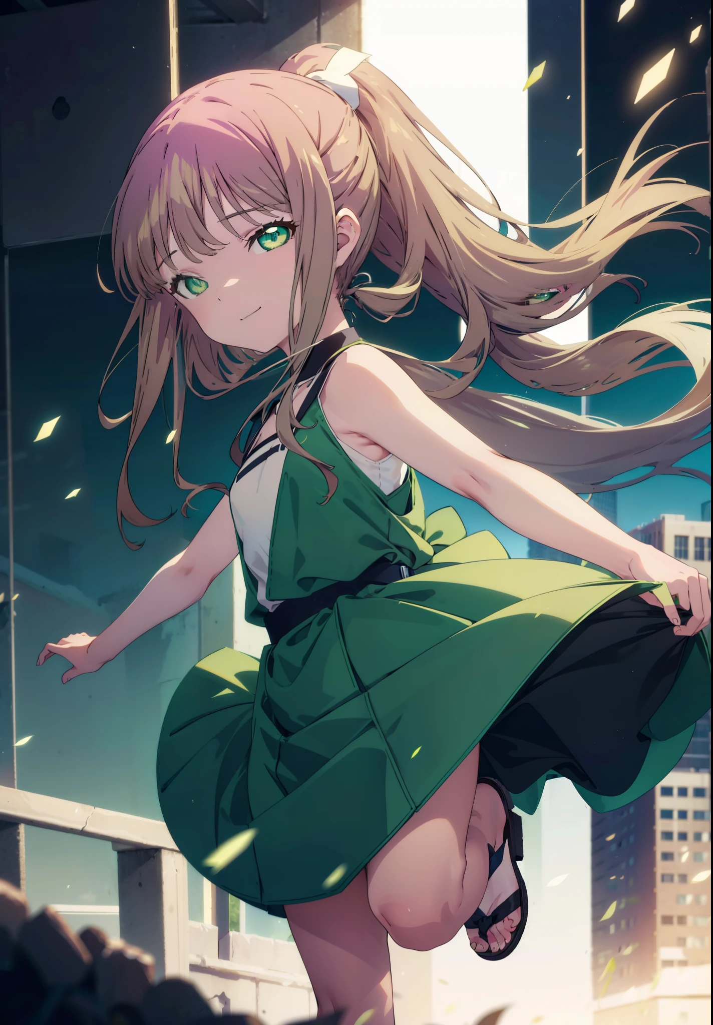 minami yume ,sss Dynazenon ,Long Hair, Brown Hair, (Green Eyes:1.5) ,Center of chest,hair band,ponytail,happy smile, smile, Open your mouth, Blue sleeveless dress,Long skirt,Cute heeled sandals,whole bodyがイラストに入るように,Daytime,Clear skies,Walking,
break looking at viewer, whole body,
break outdoors, Building district,
break (masterpiece:1.2), Highest quality, High resolution, unity 8k wallpaper, (shape:0.8), (Beautiful and beautiful eyes:1.6), Highly detailed face, Perfect lighting, Highly detailed CG, (Perfect hands, Perfect Anatomy),