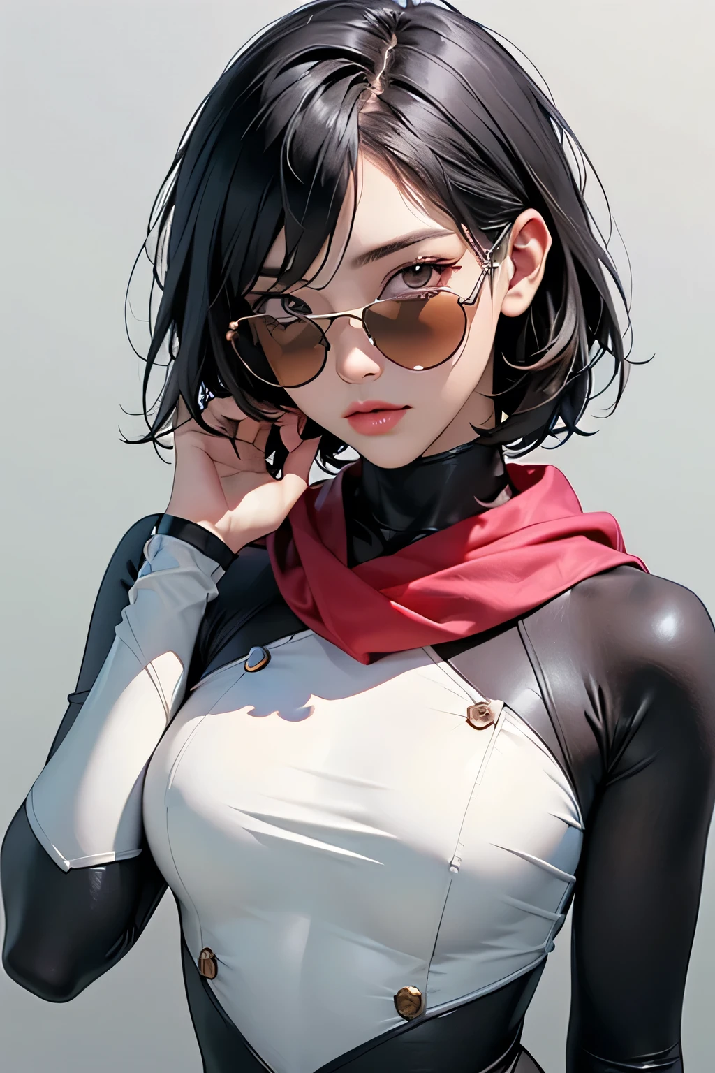 (masterpiece, best quality, 8k wallpaper, high resolution, ultra realistic), 2 women, 2 girls wearing sunglasses, 18 years old, one with long black hair and one with black hair in bob cut, laughing, smiling, 8k, RAW portrait (Japanese women), masterpiece, photorealistic: 1.3, realistic, ultra high resolution, highest quality, real life photo, (in the evening: 1.1), ((((1 girl: 1.5))))(cute face: 1.3), perfect proportions, 80s oversized sunglasses,, steampunk, face retouch, labrador, robot suit, chrome skin, savvy, anime cosplay, cyber enhanced, skin color –, slim bodysuit, red scarf, light background, posing. smiling, looking at you and smiling, grinning,