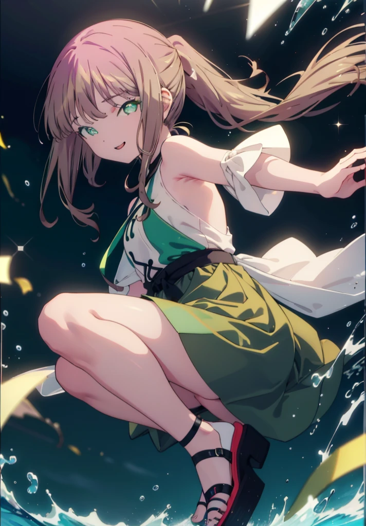 minami yume ,sss Dynazenon ,Long Hair, Brown Hair, (Green Eyes:1.5) ,Center of chest,hair band,ponytail,happy smile, smile, Open your mouth, Blue sleeveless dress,Long skirt,Cute heeled sandals,whole bodyがイラストに入るように,Daytime,Clear skies,Walking,
break looking at viewer, whole body,
break outdoors, Building district,
break (masterpiece:1.2), Highest quality, High resolution, unity 8k wallpaper, (shape:0.8), (Beautiful and beautiful eyes:1.6), Highly detailed face, Perfect lighting, Highly detailed CG, (Perfect hands, Perfect Anatomy),