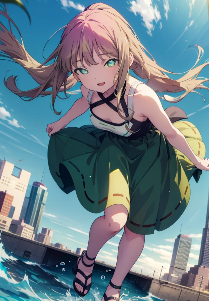 minami yume ,sss Dynazenon ,Long Hair, Brown Hair, (Green Eyes:1.5) ,Center of chest,hair band,ponytail,happy smile, smile, Open your mouth, Blue sleeveless dress,Long skirt,Cute heeled sandals,whole bodyがイラストに入るように,Daytime,Clear skies,Walking,
break looking at viewer, whole body,
break outdoors, Building district,
break (masterpiece:1.2), Highest quality, High resolution, unity 8k wallpaper, (shape:0.8), (Beautiful and beautiful eyes:1.6), Highly detailed face, Perfect lighting, Highly detailed CG, (Perfect hands, Perfect Anatomy),