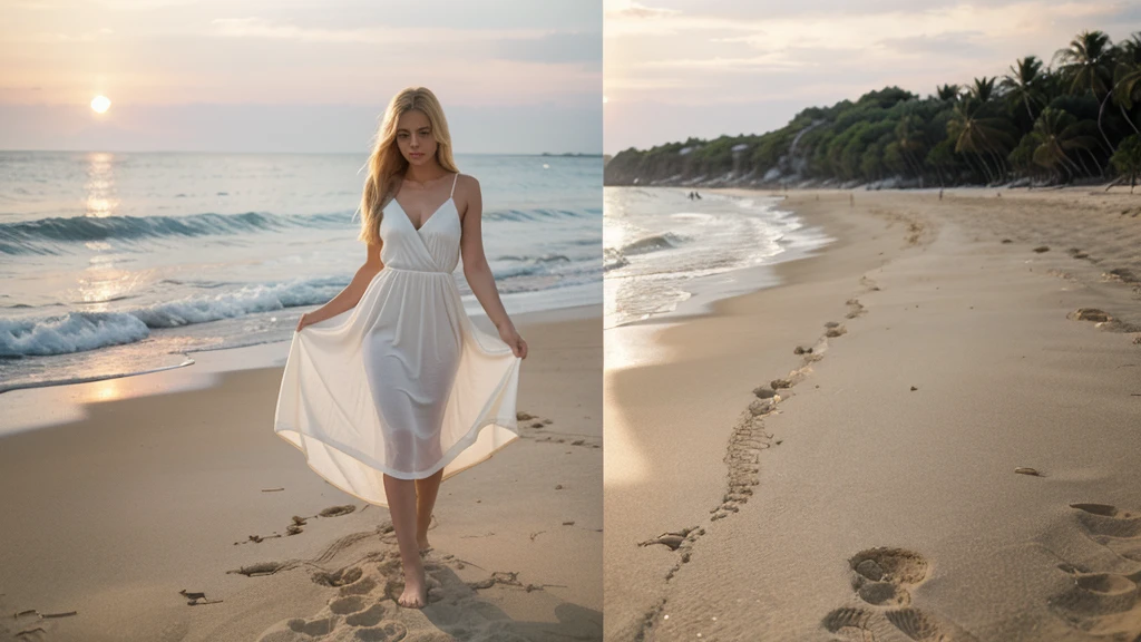 blonde woman full body, Well proportioned woman, almost perfect woman, dressed in white dress, who walks along the beach at sunset, High quality image, very bright, Pose 3/4, color style identical to kodak kodachrome, simulate the 1000 iso value of kodak kodachrome film, environment is from another planet, style the photo as if it were taken with an anamorphic lens,